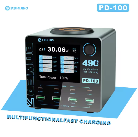 Cargador Inteligente MIJING PD100 100W USB-C / USB con Pantalla Digital y Carga Inalámbrica