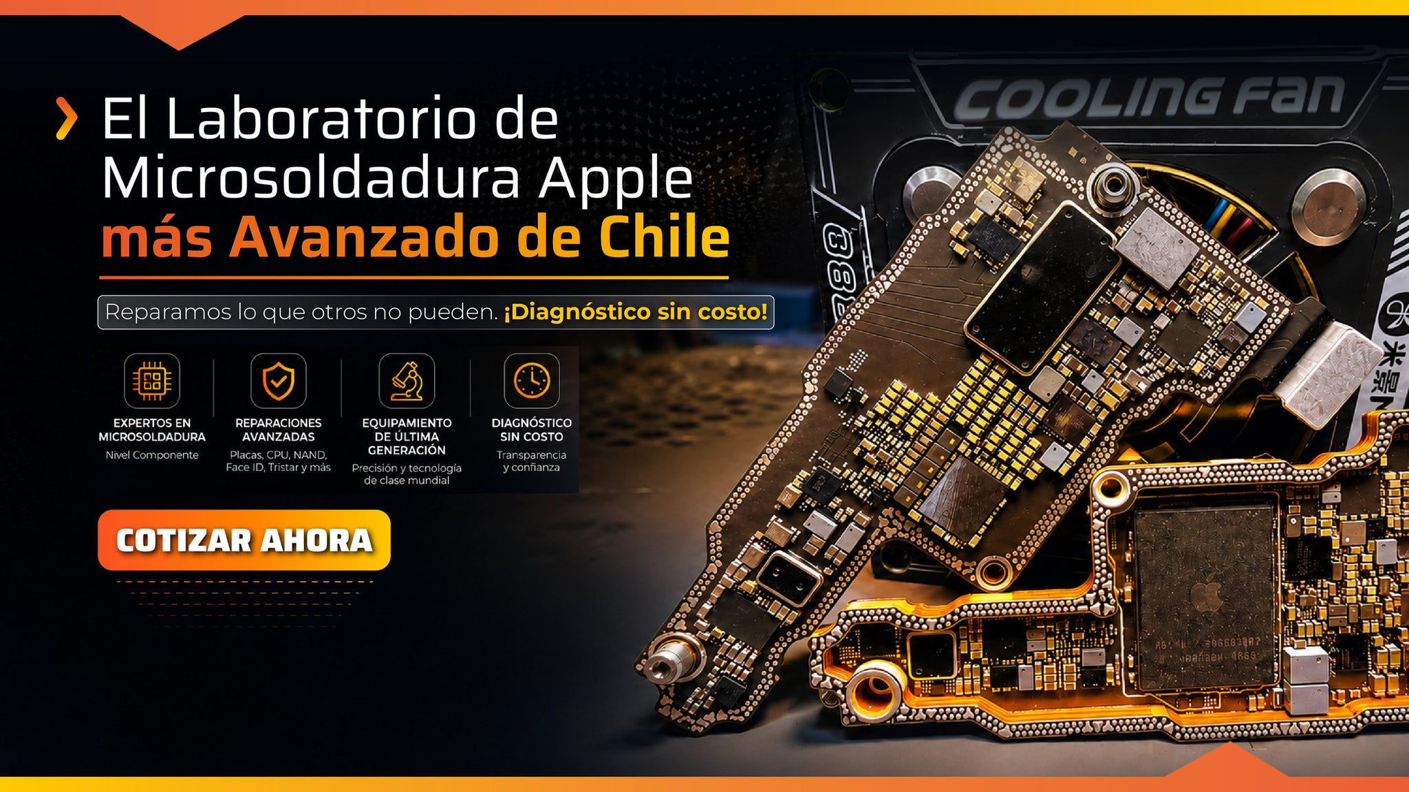 Laboratorio de microsoldadura Apple en Santiago: reparación de placas, CPU, NAND, Face ID y Tristar con diagnóstico sin costo